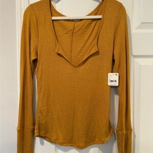 Free People Mustard Waffle-Knit Long Sleeve Scoop Top